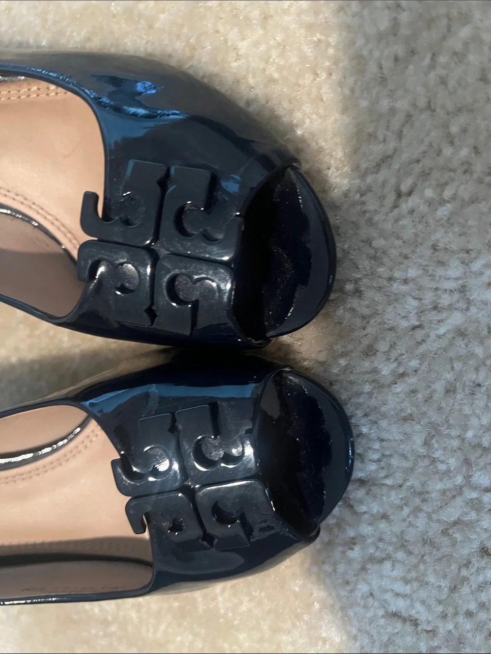 Tory Burch Black Patent Peep-Toe Wedge Flats